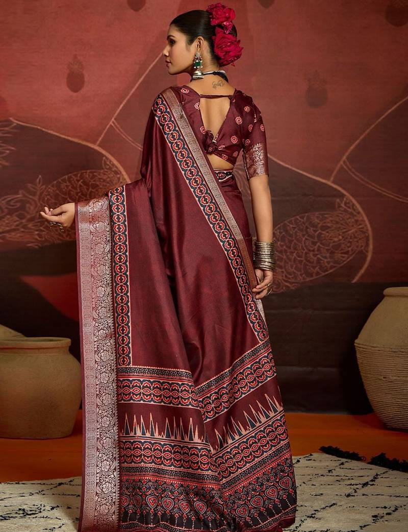 Maroon ethnic motifs digital print banarasi saree