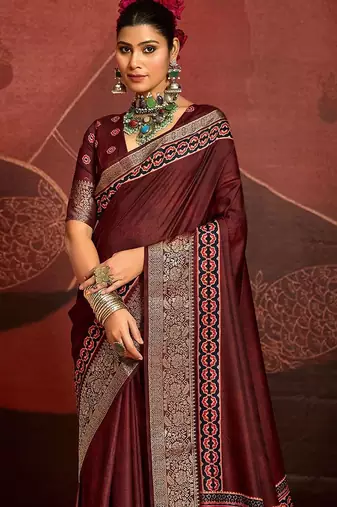 Maroon ethnic motifs digital print banarasi saree