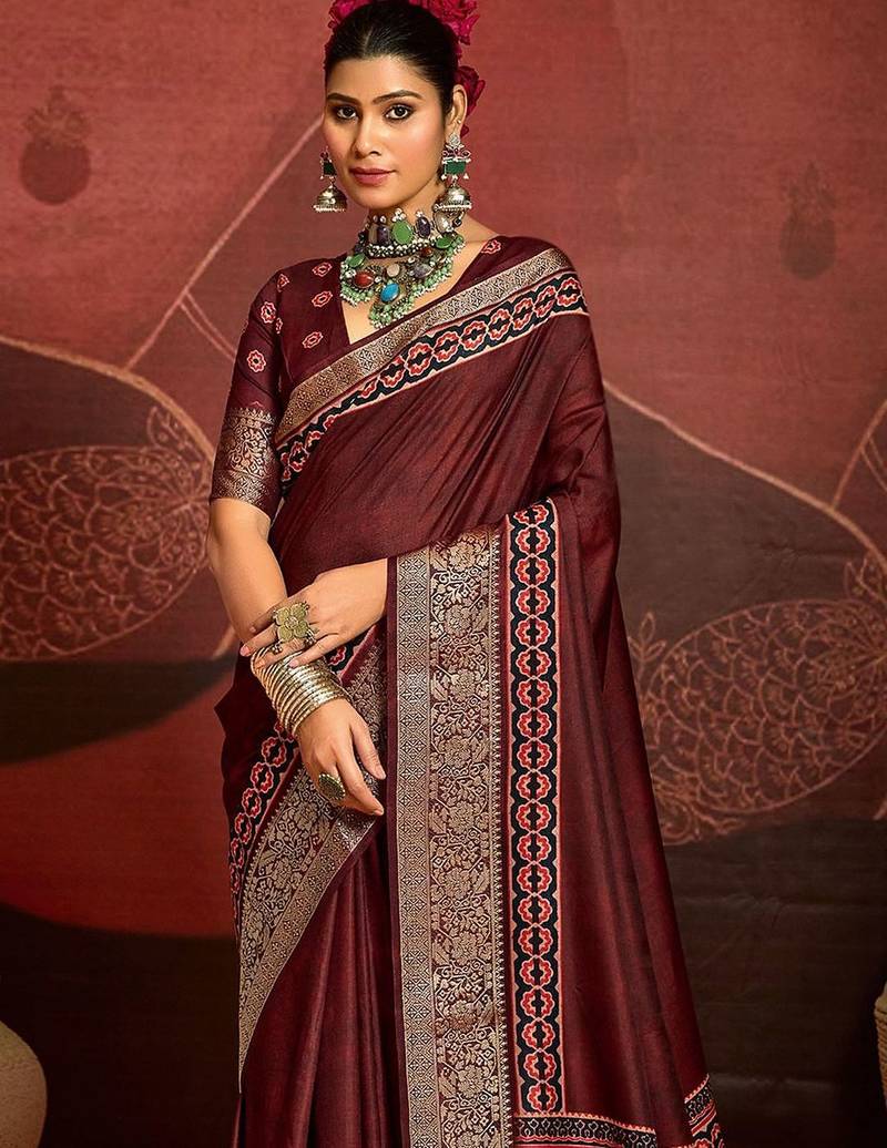 Maroon ethnic motifs digital print banarasi saree