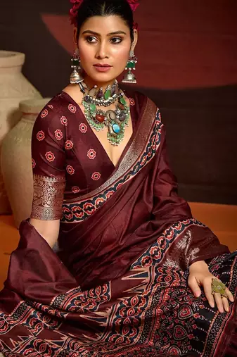 Maroon ethnic motifs digital print banarasi saree
