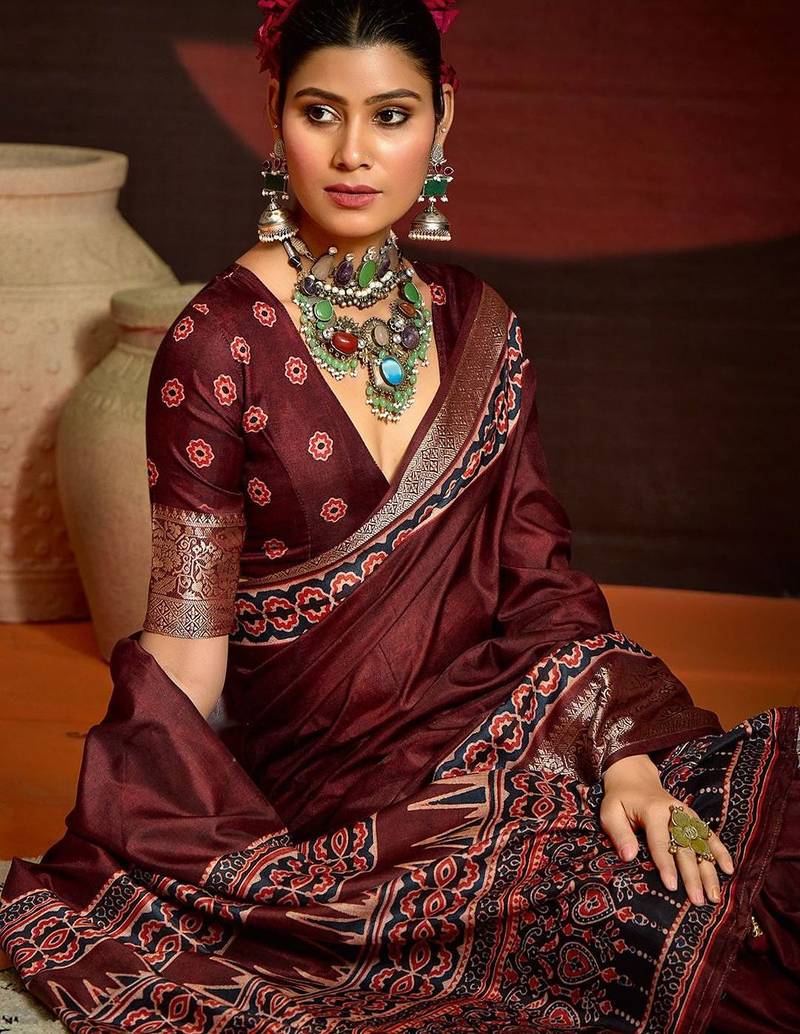 Maroon ethnic motifs digital print banarasi saree