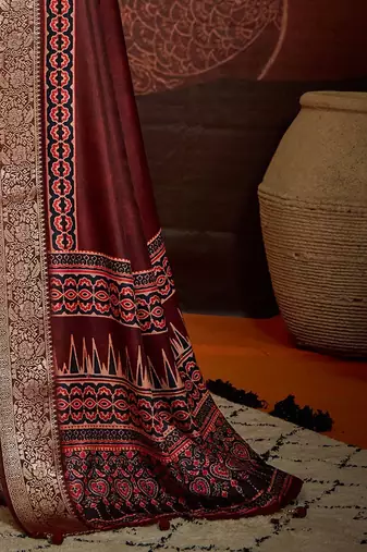 Maroon ethnic motifs digital print banarasi saree
