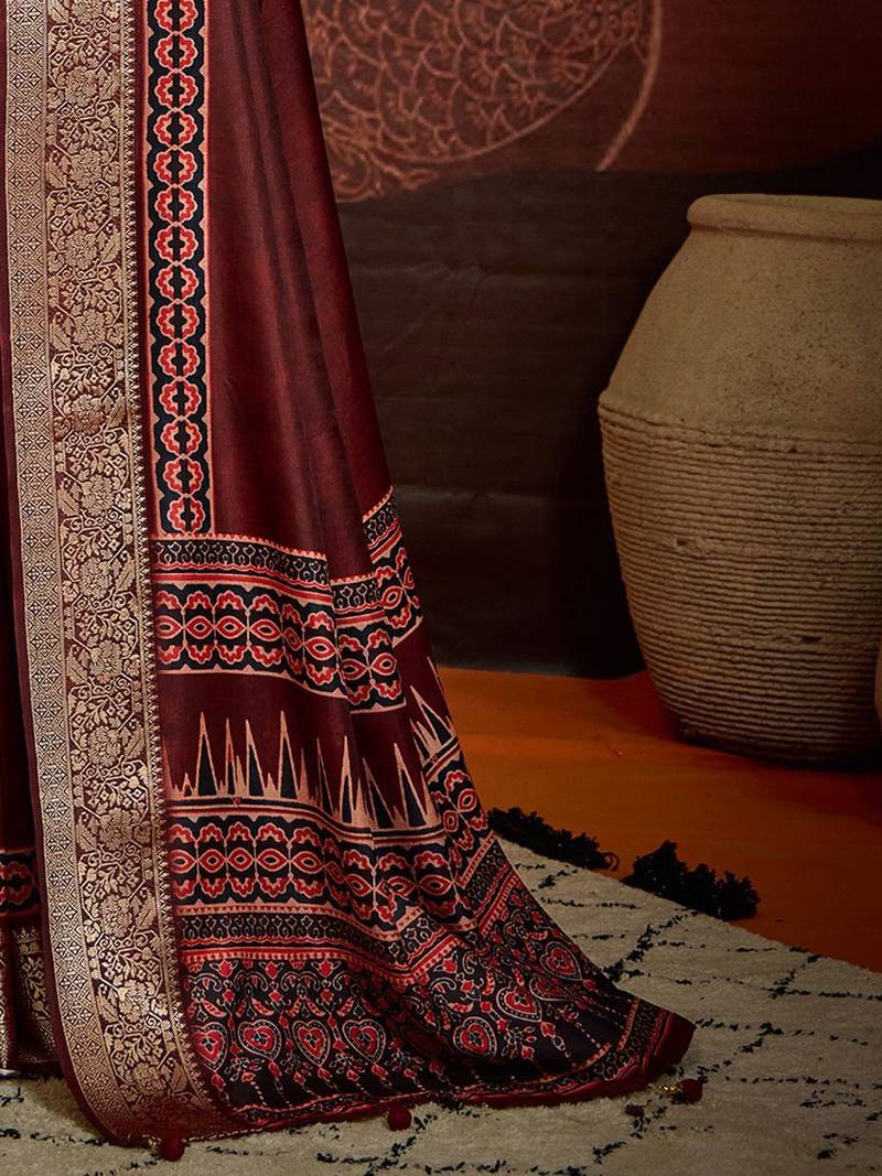 Maroon ethnic motifs digital print banarasi saree
