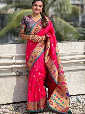 Pink woven design zari silk blend paithani saree 1