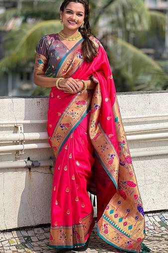 Pink woven design zari silk blend paithani saree