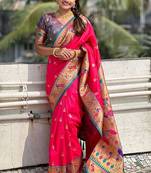 Pink woven design zari silk blend paithani saree