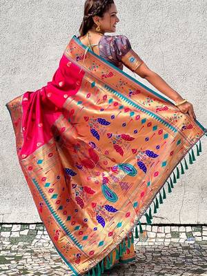 Pink woven design zari silk blend paithani saree 2