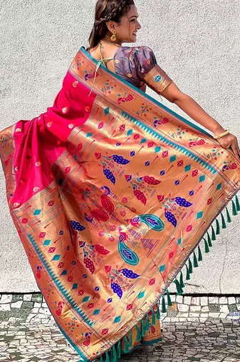 Pink woven design zari silk blend paithani saree