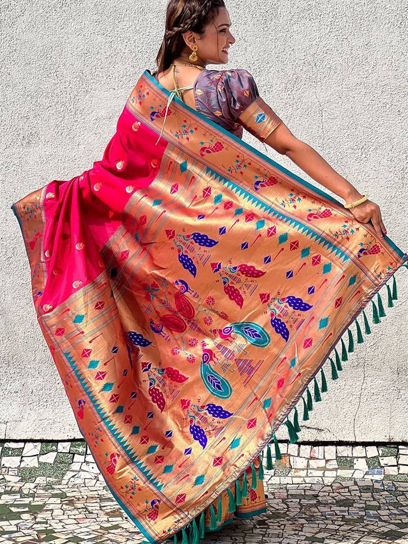 Pink woven design zari silk blend paithani saree
