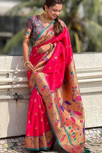 Pink woven design zari silk blend paithani saree