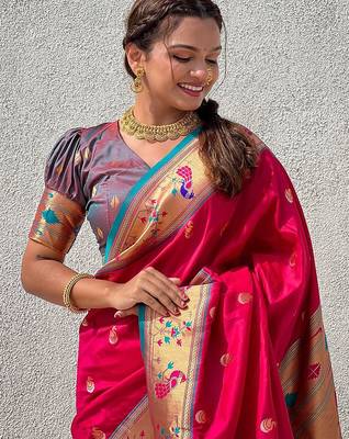 Pink woven design zari silk blend paithani saree 4