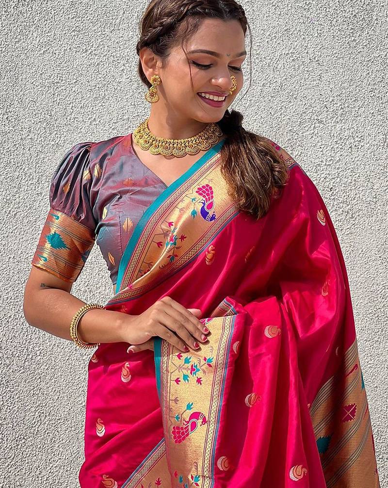 Pink woven design zari silk blend paithani saree