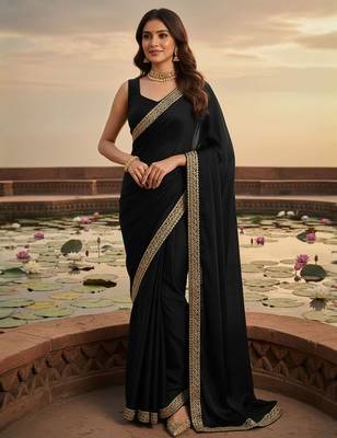 Black zari satin heavy work saree 1