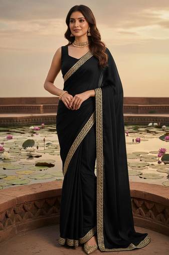 Black zari satin heavy work saree