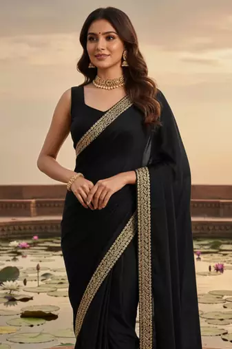 Black zari satin heavy work saree