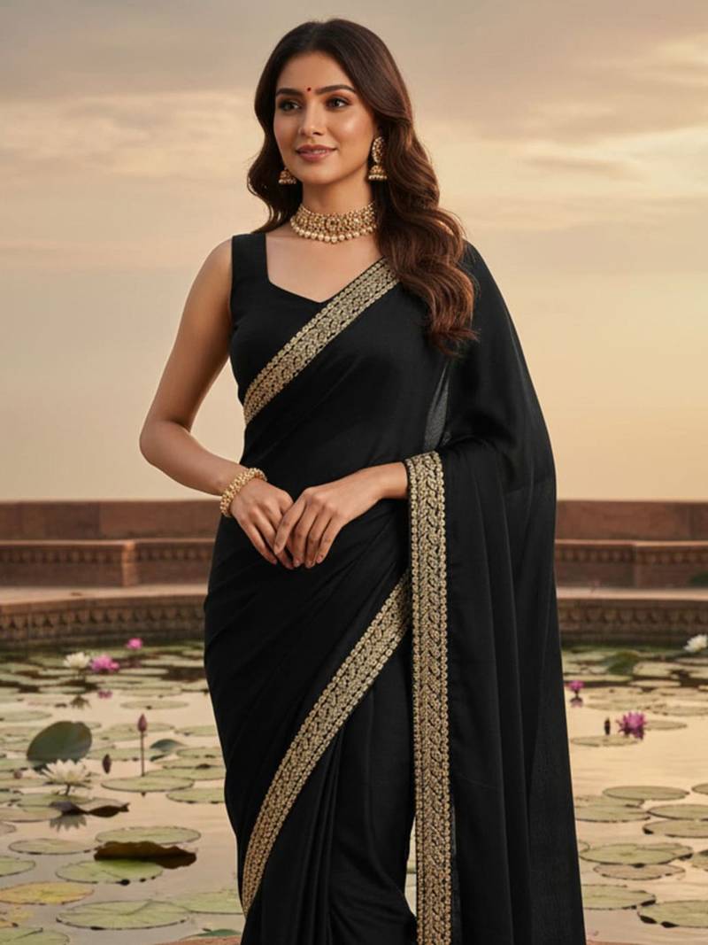Black zari satin heavy work saree