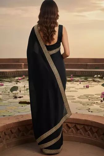 Black zari satin heavy work saree
