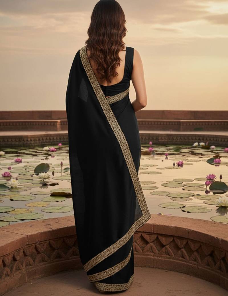 Black zari satin heavy work saree