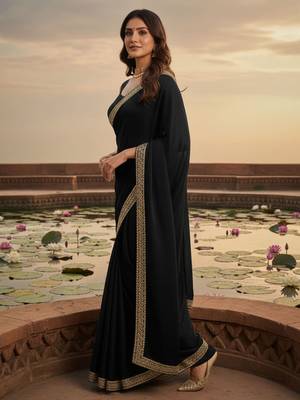 Black zari satin heavy work saree 4