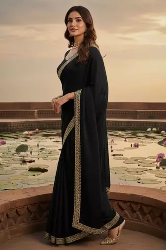 Black zari satin heavy work saree