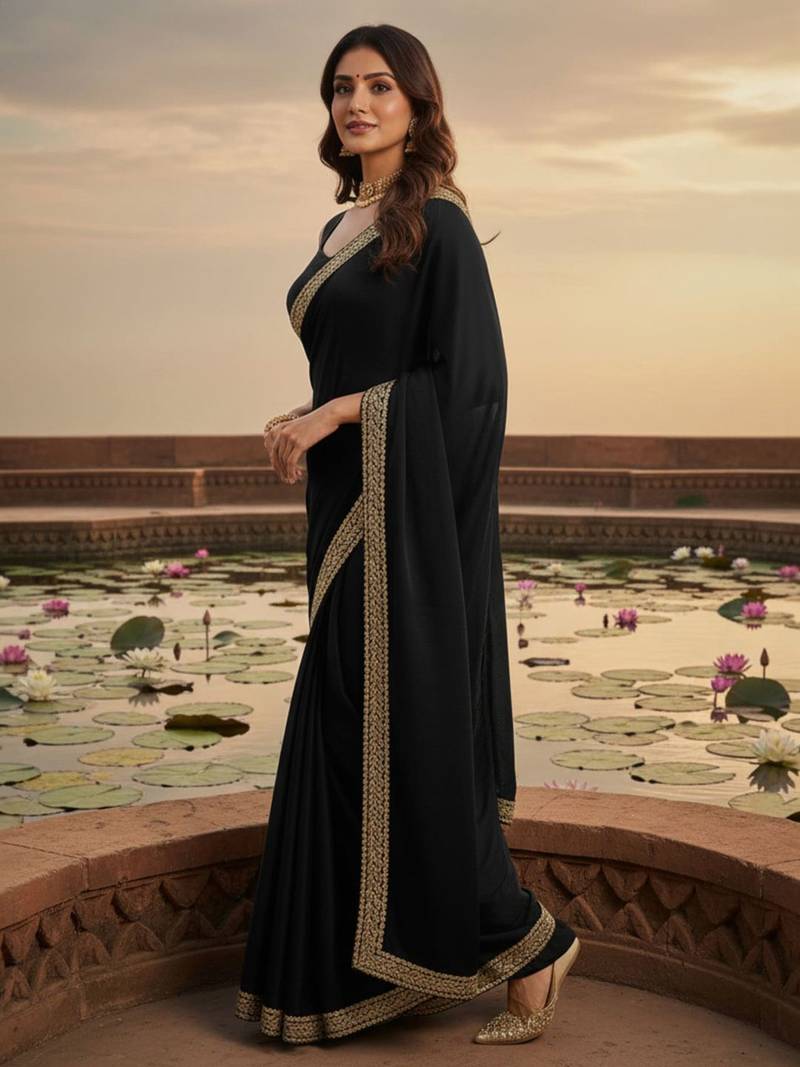 Black zari satin heavy work saree