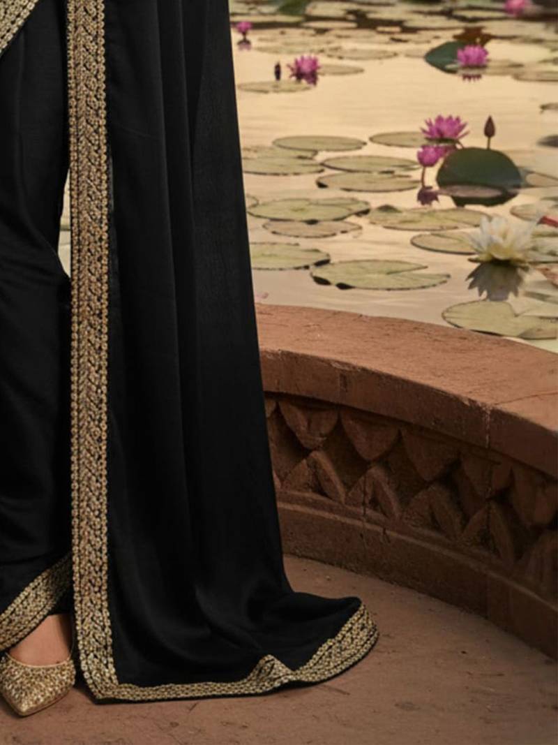 Black zari satin heavy work saree