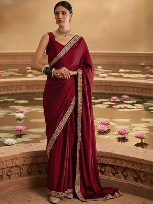 Maroon embellished embroidered satin heavy work saree 1