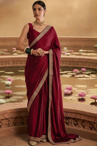 Maroon embellished embroidered satin heavy work saree
