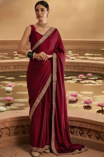 Maroon embellished embroidered satin heavy work saree