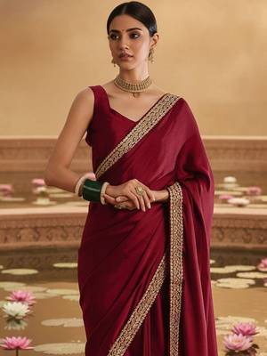 Maroon embellished embroidered satin heavy work saree 2
