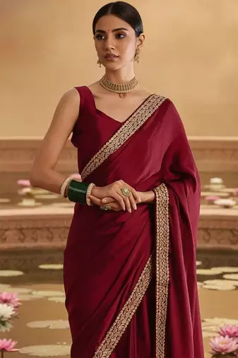 Maroon embellished embroidered satin heavy work saree