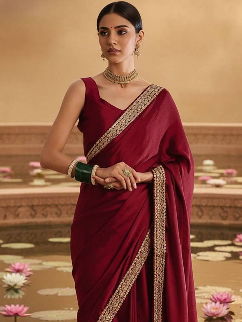 Maroon embellished embroidered satin heavy work saree