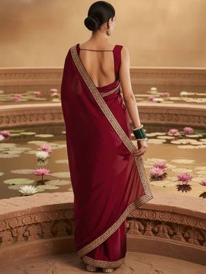 Maroon embellished embroidered satin heavy work saree 3