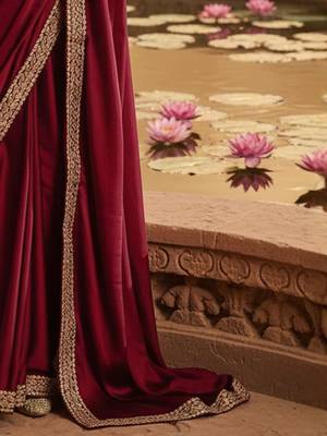 Maroon embellished embroidered satin heavy work saree 4