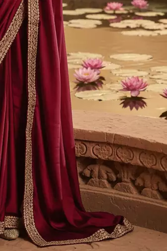 Maroon embellished embroidered satin heavy work saree