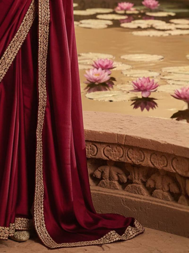 Maroon embellished embroidered satin heavy work saree