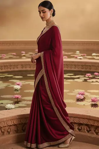 Maroon embellished embroidered satin heavy work saree