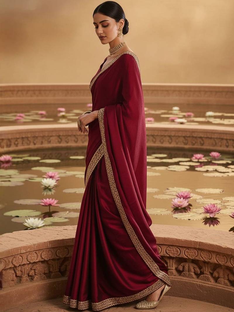 Maroon embellished embroidered satin heavy work saree