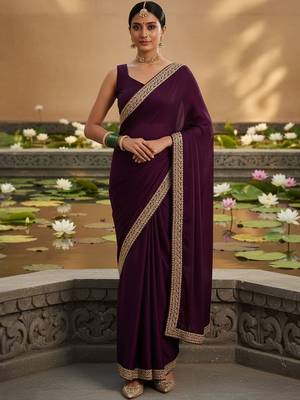 Purple embellished zari satin designer saree 1