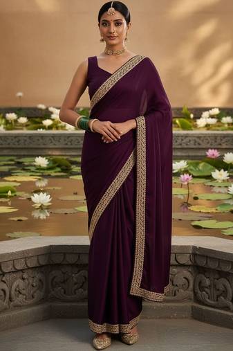 Purple embellished zari satin designer saree