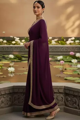 Purple embellished zari satin designer saree