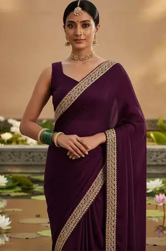 Purple embellished zari satin designer saree