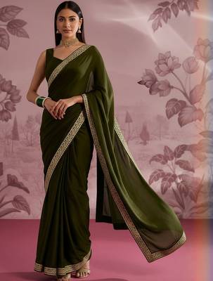 Olive embellished zari satin designer saree 1