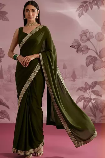 Olive embellished zari satin designer saree