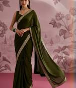 Olive embellished zari satin designer saree