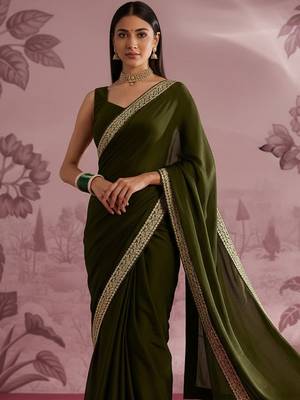 Olive embellished zari satin designer saree 2