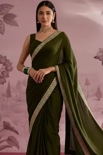 Olive embellished zari satin designer saree