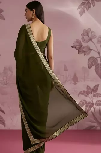 Olive embellished zari satin designer saree
