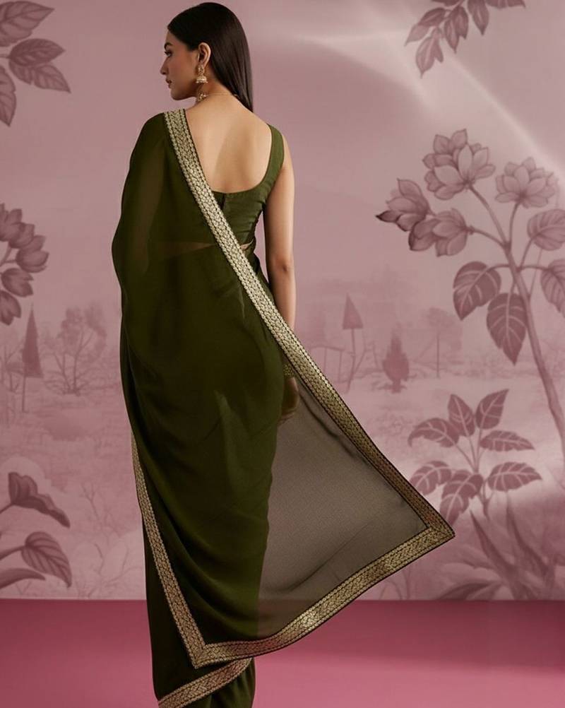 Olive embellished zari satin designer saree