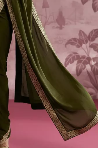 Olive embellished zari satin designer saree